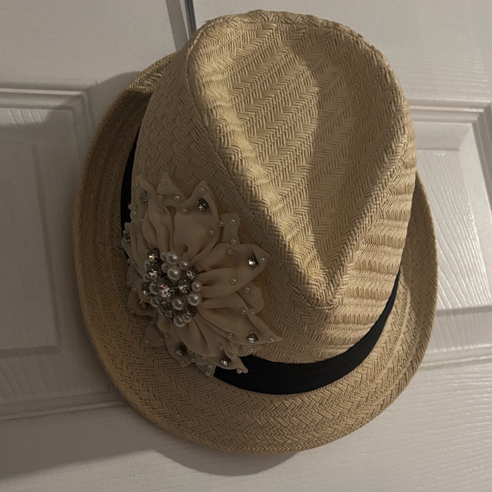 Straw Fedora Hat with Black Band and Beige Floral Accent